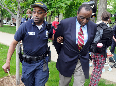 Former presidential candidate Alan Keyes is arrested during an anti-abortion protest at Notre Dame University in South Bend, Indiana on May 8, 2009. Keyes led a group that was protesting the school's invitation to President Barack Obama to give the commencement address. (AP/Joe Raymond)