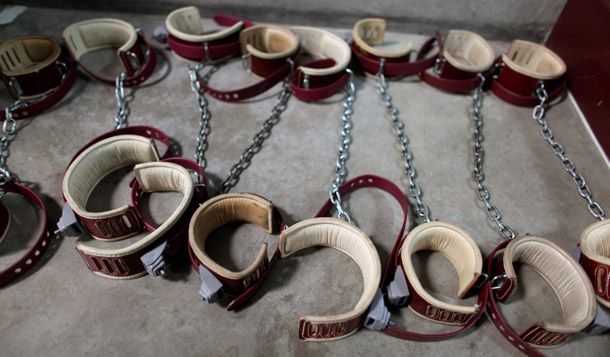 Leg shackles sit on the floor in Camp 6 detention center at Guantanamo Bay, Cuba. (AP/Brennan Linsley, Pool)