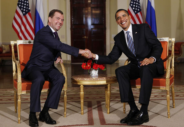 President Barack Obama meets with Russia's President Dmitry Medvedev at Winfield House in London on April 1, 2009. President Obama' visit to Moscow in early July is an attempt to create a productive atmosphere for discussion of critical issues. (AP/Charles Dharapak)