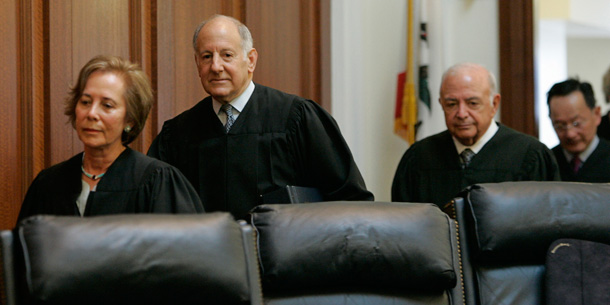The California Supreme Court, pictured above, today ruled to uphold Proposition 8, which bans same-sex unions. (AP/Paul Sakuma)