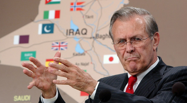 Then-Secretary of Defense Donald Rumsfeld talks with reporters at a Pentagon news conference in 2003. (AP/Dennis Cook)