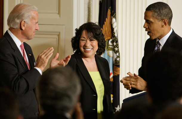 President Barack Obama and Vice President Joe Biden applaud federal appeals court judge Sonia Sotomayor, after the president announced her as his nominee to the Supreme Court. (AP/Alex Brandon)