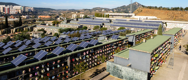 The city council has installed 462 solar panels on top of the grave niches at the Santa Coloma de Gramenet cemetery, outside Barcelona, Spain. The energy they produce is equivalent to the yearly consumption of 60 homes. It's just one example of how Spain is leading the way in the fight against global warming. (AP/Manu Fernandez)