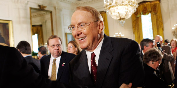 Evangelicals' openness to an alternative economic vision has fearful leaders such as James Dobson of Focus on the Family, pictured here, hardening their rhetoric and reviving old clichés that simply do not speak to the new economic reality. (AP/Gerald Herbert)