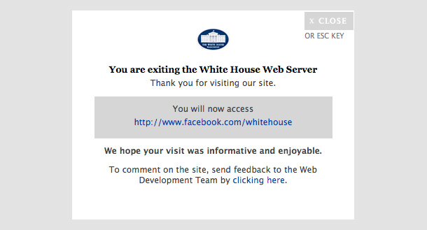 WhiteHouse.gov informs users before they exit to an external website where the same terms of use and privacy protections may not apply. (whitehouse.gov)