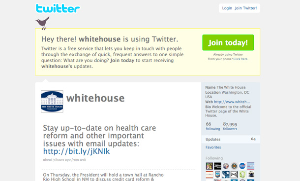 The White House's Twitter page, which provides news and updates from the Executive Office of the President. (twitter.com/whitehouse)