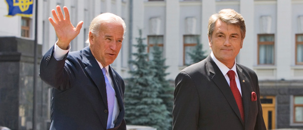 Ukraine's President Viktor Yushchenko, right, looks on as U.S. Vice President Joe Biden waves during their meeting in Kyiv, Ukraine on Tuesday morning. (AP/Mykhailo Markiv)