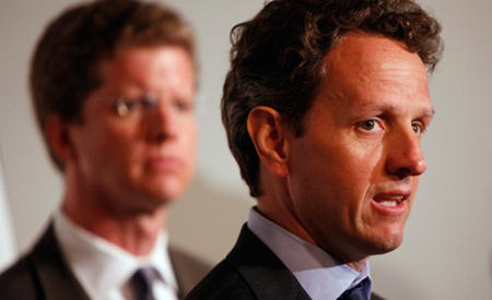 Treasury Secretary Timothy Geithner, right, accompanied by Housing and Urban Development Secretary Shaun Donovan, briefs reporters on the Home Affordable Modification program. (AP/Haraz N. Ghanbari)