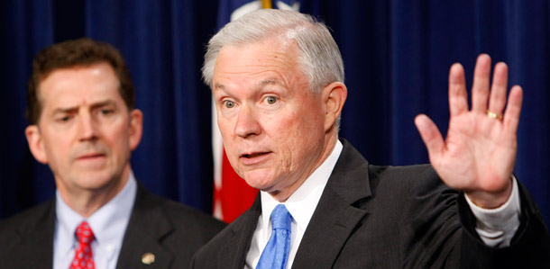 Sen. Jeff Sessions (R-AL) discusses immigration at a press conference. Sessions attached an amendment to the Homeland Security Appropriations bill to make the voluntary “e-verify” program permanent. (AP/Susan Walsh)