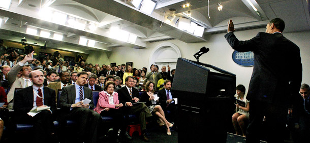 During the June 23, 2009 press conference pictured above, President Barack Obama took a question online from <i>The Huffington Post</i>'s Nico Pitney, which <i>The Washington Post</i>'s Dana Milbank subsequently labled "collusion." (AP/Ron Edmonds)