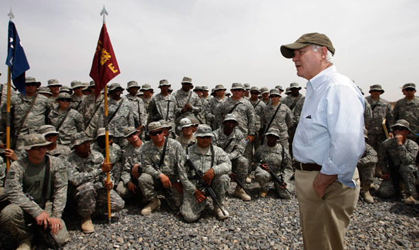 U.S. Secretary of Defense Robert Gates addresses troops during his visit to the Forward Operating Base Ramrod in Kandahar Province, Afghanistan earlier this year. (AP/Jason Reed)