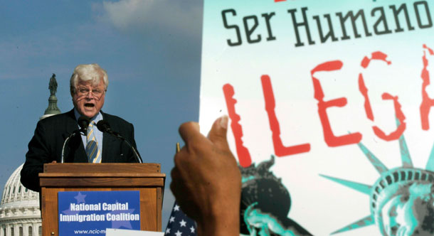 Sen. Edward Kennedy gave a speech at an immigration rally on the National Mall on September 7, 2006 in Washington. Kennedy was the Latino community’s greatest ally and champion. (AP/Kevin Wolf)