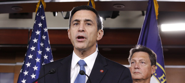 Rep. Darrell Issa (R-CA), above center, the ranking Republican on the House Oversight and Government Reform Committee, released a report in July 2009 that repeated many of the allegations against ACORN made during the 2008 McCain-Palin campaign and that generated media attention. (AP/Harry Hamburg)