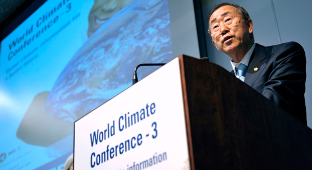 U.N. Secretary-General Ban Ki-Moon speaks during the opening of the World Climate Conference - 3 at the World Meteorological Organization headquarters in Geneva, Switzerland on September 3, 2009. (AP/Martial Trezzini)