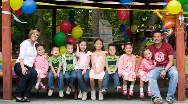 The photo released by TLC shows the Gosselin family posing for a photo at a party to celebrate the sextuplets fifth birthday. Mom Kate is at left and dad Jon on the far right. (AP/TLC Michael Pilla)