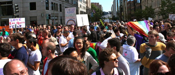 People participate in the National Equality March for marriage equality in Washington, D.C. on October 11, 2009. Evangelical groups such as Faith in America were involved in the march. (Flickr/<a href=