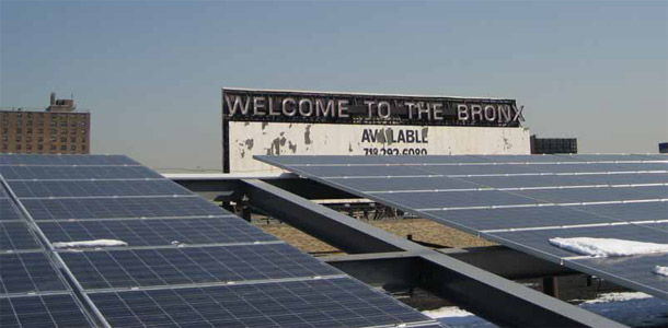 Solar panels are seen on a rooftop in the Bronx. The economic and environmental challenges facing us are clear, and the consequences of inaction are dire. But together we can bring New York City into the future and make it a more prosperous, sustainable, and just place to live and work. (NYIRN/Miller Baker)