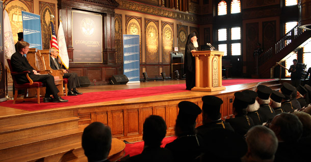 His All Holiness Ecumenical Patriarch Bartholomew I, the Ecumenical Patriarch of Orthodox Christianity addresses the crowd at Georgetown University. (CAP)