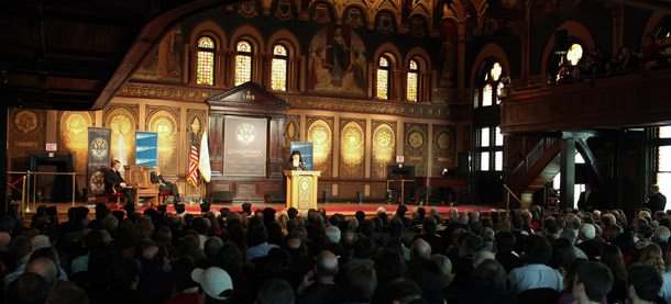 His All Holiness Ecumenical Patriarch Bartholomew I, the Ecumenical Patriarch of Orthodox Christianity addresses the crowd at Georgetown University. (CAP)