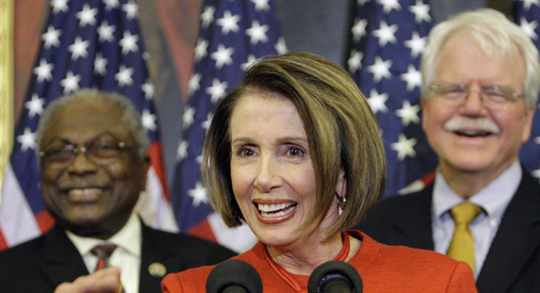 House Speaker Nancy Pelosi (D-CA) is flanked by Majority Whip James Clyburn (D-SC), left, and Rep. George Miller (D-CA), right, during a press conference on November 7, 2009 after House passage of a health care reform bill. (AP/Alex Brandon)