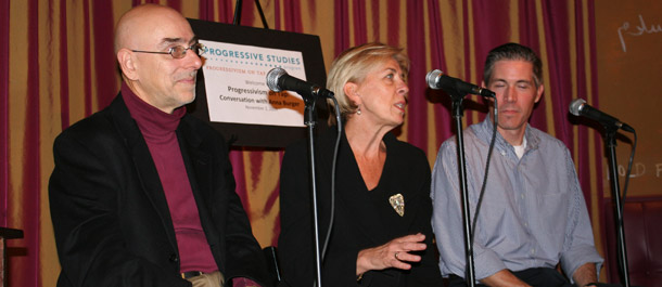 Ruy Teixeira, Anna Burger, and John Halpin at the Progressivism on Tap event. (Campus Progress)