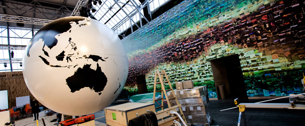 Preparations take place for the UN climate summit at the Bella Convention Centre in Copenhagen. (AP/Jens Panduro)