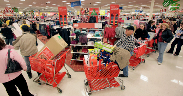 The check-out line winds through a Target store in Mayfield Heights, OH on Black Friday. (AP/Amy Sancetta)
