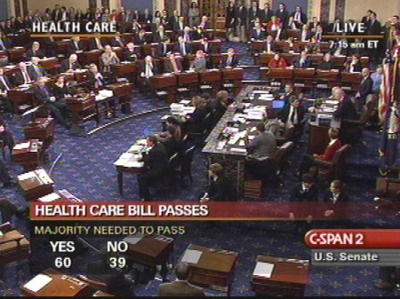 The U.S. Senate passes the health care overhaul bill on Thursday December 24, 2009 in this image made from video.
<br /> (AP/CSPAN)