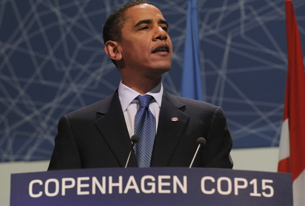 President Barack Obama speaks at the morning plenary session of the United Nations Climate Change Conference at the Bella Center in Copenhagen, Denmark on December 18, 2009. Obama said in the session that we can either “embrace this accord, take a substantial step forward, and continue to refine it and build upon its foundation,” or “choose delay, falling back into the same divisions that have stood in the way of action for years.” (AP/Susan Walsh)