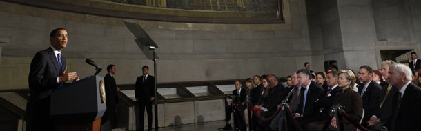 President Barack Obama delivers an address on national security, terrorism, and the closing of the Guantanamo Bay prison at the National Archives on May 21, 2009. The Obama administration can build public confidence in government if it rejects excessive secrecy and revives its pledge on transparency. (AP/Charles Dharapak)