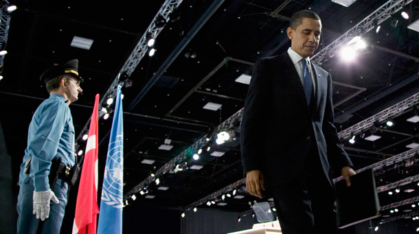 President Barack Obama leaves the podium after addressing the High Level Plenary meeting on Climate Change in Copenhagen on Friday, December 18, 2009. (AP/UN, Mark Garten)