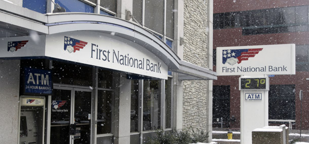 A branch of the First National Bank is seen on the northside of  Pittsburgh, PA. Americans want to know that banks are playing their part in getting the economy going again now that they are returning to profit. (AP/Keith Srakocic)