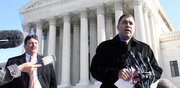 Citizens United President David Bossie meets with reporters outside the Supreme Court on Thursday, January 21, 2010, after the Supreme Court ruled on <i>Citizens United v. Federal Election Commission</i>. (AP/Lauren Victoria Burke)