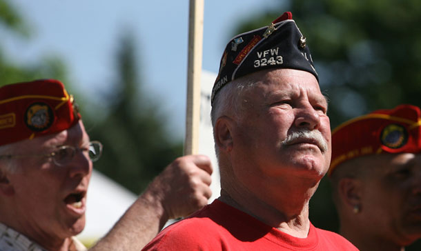 Gerald Hawkins, and John Downing, left, attend a protest against veterans' programs cuts at the state capitol in Lansing, MI. According to recent reports, the White House proposal to freeze budgets would not affect departments such as Veterans Affairs. It would, however, apply to the remaining $447 billion in discretionary spending. (AP/Al Goldis)