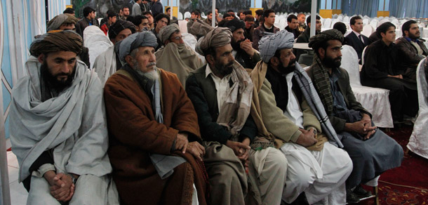 Some elders of Helmand province of Afghanistan listen to speeches during a gathering titled: "Expectations of Helmand people from London Conference." (AP/Musadeq Sadeq)