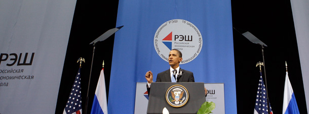 President Obama speaks in Moscow last year saying, “the pursuit of power is no longer a zero-sum game—progress must be shared.” (AP/Haraz N. Ghanbari)