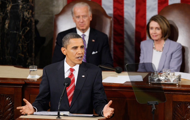 In Wednesday's State of the Union address, President Obama also called once again for passage of comprehensive health reform that reduces health insurance premiums, reduces the deficit, covers the uninsured, strengthens Medicare, and ends insurance company abuses. (AP/Charles Dharapak)