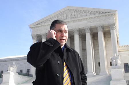 Citizens United President David Bossie talks on his cell phone outside the Supreme Court after the Supreme Court ruled on a campaign finance reform case. (AP/Lauren Victoria Burke)