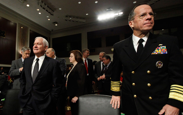 Defense Secretary Robert Gates and Joint Chiefs Chairman Adm. Michael Mullen testify before the Senate Armed Services Committee hearing on the Defense Department's budget on February 2, 2010. (AP/Manuel Balce Ceneta)