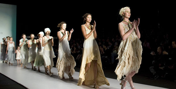 Models sport outfits made from soybeans, bamboo, and silk at an eco-fashion show in Mexico City in 2008. Vancouver will host its own eco-fashion show in April. (AP/Alexandre Meneghini)