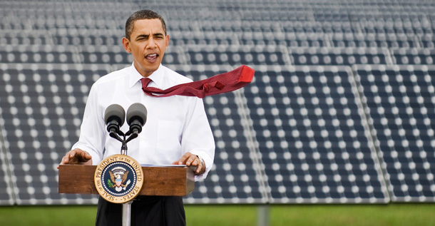 A gust of wind blows President Obama's tie as he speaks at Florida Power & Light's Desoto Next Generation Solar Energy Center in Arcadia, Florida in October 2009. (AP/Steve Nesius)