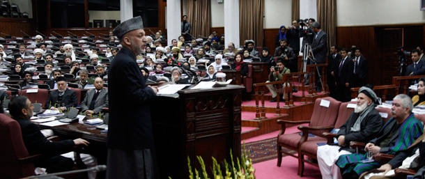 Afghan President Hamid Karzai speaks during the opening session of Afghan Parliament in Kabul, Afghanistan on Saturday, February 20, 2010 after passing a number of questionable measures during the recess. (AP/Presidential Palace)