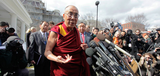 The Dalai Lama speaks to reporters outside the White House in Washington on February 18, 2010, following a meeting with President Barack Obama. Thursday’s meeting is emblematic of the administration's commitments and an important symbol of America’s moral leadership on issues of human freedom. (AP/J. Scott Applewhite)