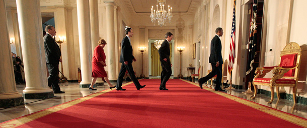 President Barack Obama, far right, walks back after delivering a statement on his budget. From left are: Chief Economic Adviser Lawrence Summers, Council of Economic Advisers Chair Christina Romer, Budget Director Peter Orszag, and Treasury Secretary Timothy Geithner. (AP/Pablo Martinez Monsivais)