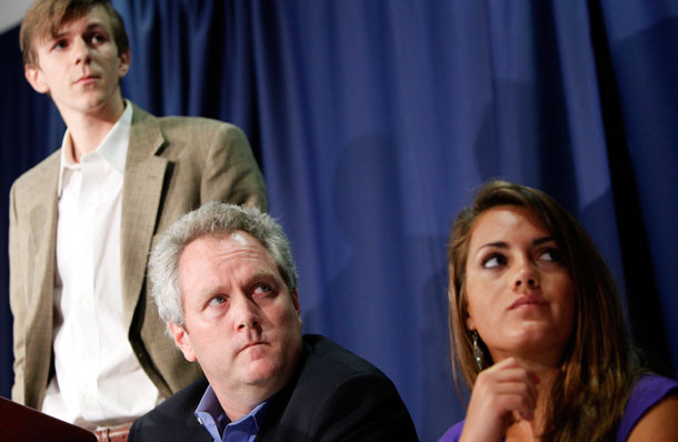 Andrew Breitbart, center,  flanked by James O'Keefe III, left, and Hannah Giles, takes part in a news conference at the National Press Club in Washington. (AP/Haraz N. Ghanbar)