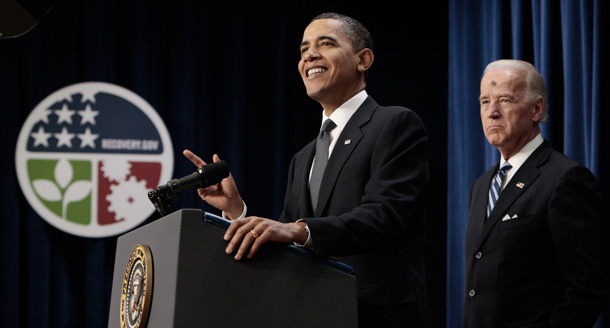 President Barack Obama, accompanied by Vice President Joe Biden, delivers remarks on the economy on the one year anniversary of the signing of the Recovery Act, February 17, 2010. (AP/Pablo Martinez Monsivais)