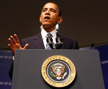 President Barack Obama delivers remarks at the National Academy of Sciences in Washington, DC in April 2009. (AP/Gerald Herbert)
