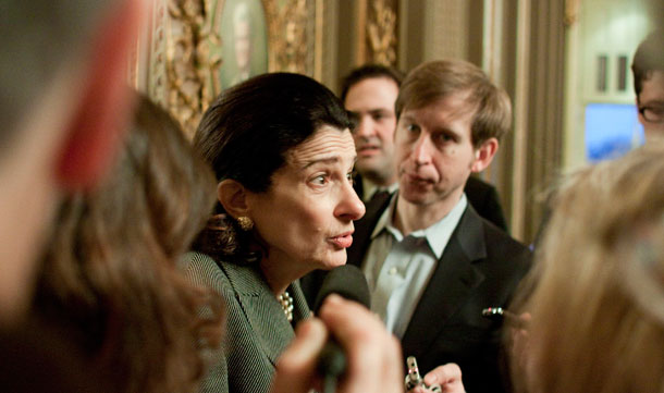 Sen. Olympia Snowe (R-ME) talks to reporters after voting for cloture on a bipartisan jobs bill on Monday, Feb. 22, 2010. (AP/Harry Hamburg)