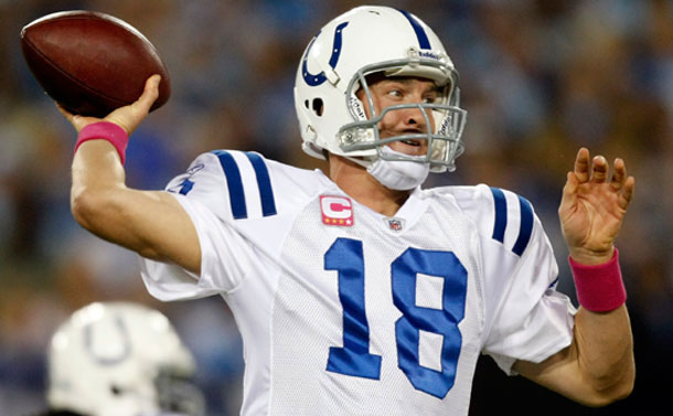 Indianapolis Colts quarterback Peyton Manning throws against the Tennessee Titans in the first quarter of an NFL football game in Nashville, TN, on October 11, 2009. Amid the Super Bowl excitement this year, there is a disagreement between the players and owners that could potentially cause next year’s football season to be the last for some time. (AP/Wade Payne,file)