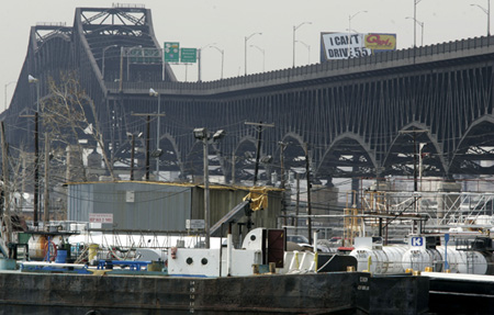 The Kuehne Chemical Co. Inc. plant is seen from across the Hackensack River in New Jersey. This chemical plant makes bleach for water treatment plants and is consistently listed at or near the top of the most dangerous potential terrorist targets. (AP/Mike Derer)